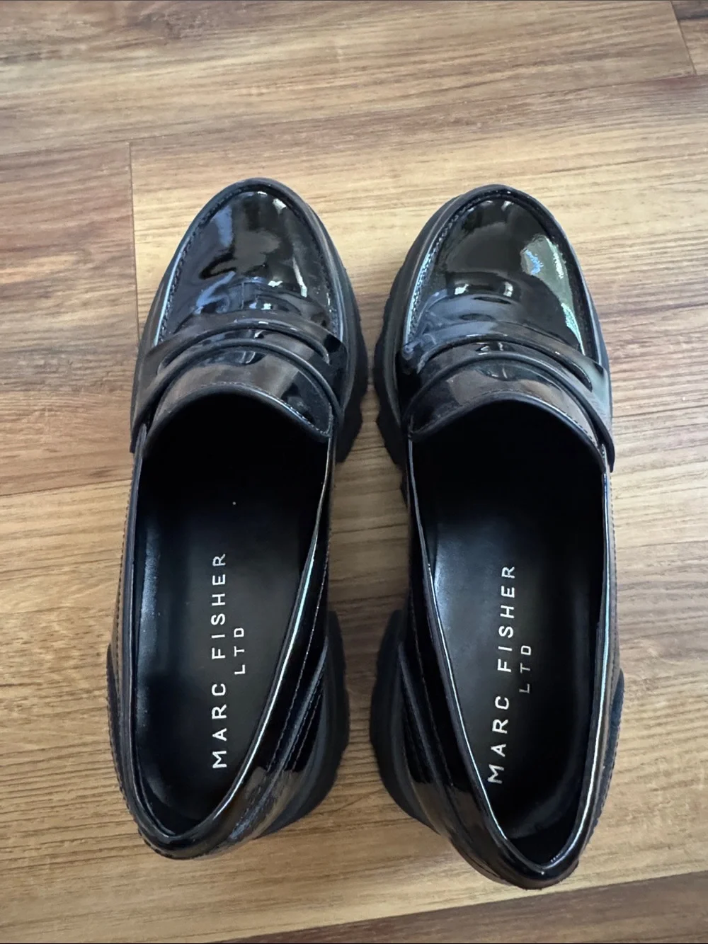 Marc Fisher Black Patent Chunky Penny Loafers